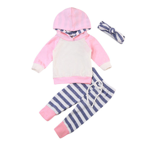 Winter Clothes Hooded Sweater-Striped Pants- Headband Outfits 3 Pcs Set